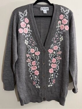 Alfred Dunner Gray Cardigan with Pink Floral Embroidery